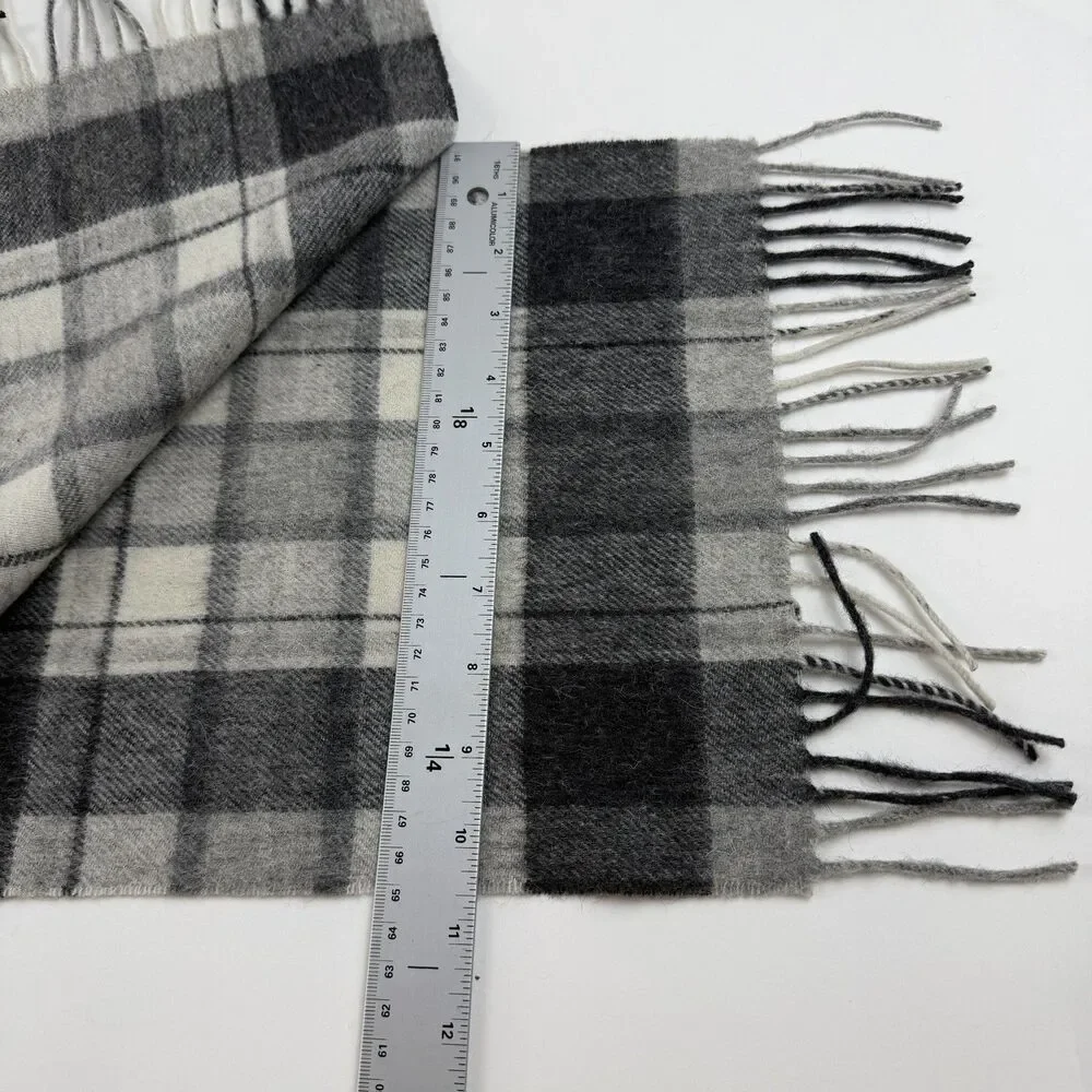 Kiltane Of Scotland Lambswool Fringe Scarf Black Grey Plaid 11 x 62 Preppy